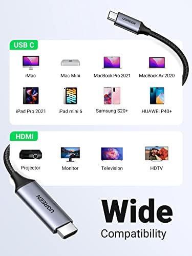 UGREEN C USB към HDMI Кабел 4K 60HZ, USB Type C Thunderbolt 3 HDMI Адаптер Сплетен Кабел е Съвместим за iPad Mini 6, iPad