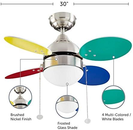 Вентилатор на тавана NOMA с LED светлина | 4 обратните многоцветни или бели остриета | Матово- Никелова завърши с матирано стъкло абажуром, 30 инча