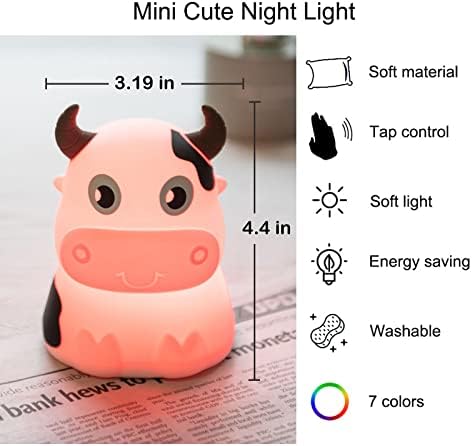 Night Light for Kids, AVEKI Portable Tap Control Nightlight Lamp, 7 Colors Mode, Silicone Сладко Животните Cow LED Nursery
