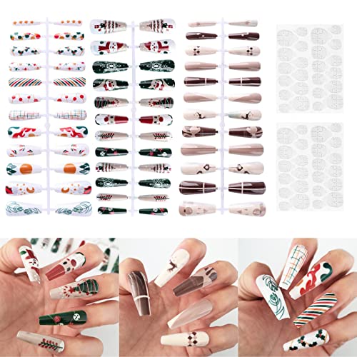 AddFavor 72pcs Коледа Press on Nails Kit Full Cover Coffin Long Acrylic False Лъжливи Nails with Adhesive Tabe for Women