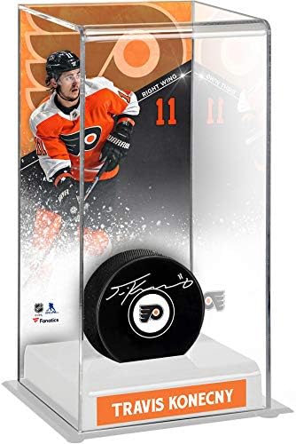 Travis Konecny Philadelphia Flyers Autographed Hockey Puck with Луксозни Tall Hockey Puck Case - Автографированные Шайби
