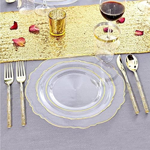 SHUUY 50 бр Прибори Прозрачна златна пластмасова чиния и сребърни изделия с блясък Подходящ за сватби и партита (цвят