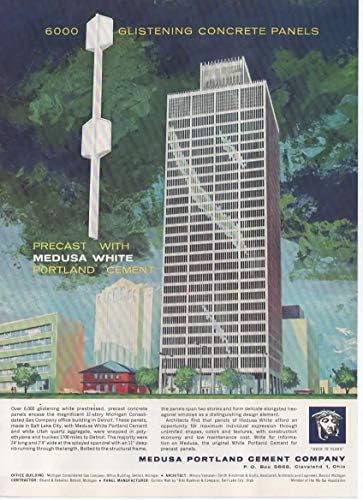 Реклама в списанието: 1963 Medusa Portland Cement Company, сглобяеми Предварително напрегнати бетонни панела за офис сграда Michigan Consolidated Gas Co Детройт Мичиган, архитект: Минору Ямаса