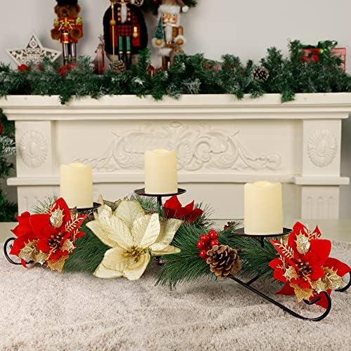 Joliyou Коледа Tabletop Centerpieces, Коледен Свещник Poinsettia с 3 Батерии, Метален Канделябр за Украса на Коледната