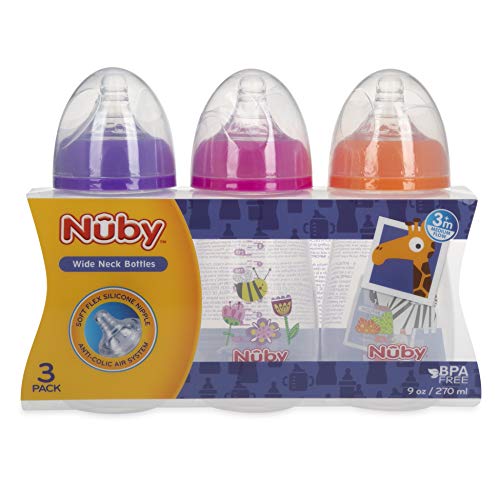 Nuby Tritan Wide Neck Non-Drip Bottles with Anti-Colic Air System: 9oz./ 270 Ml, 3 Pack, 0 М+, Multi