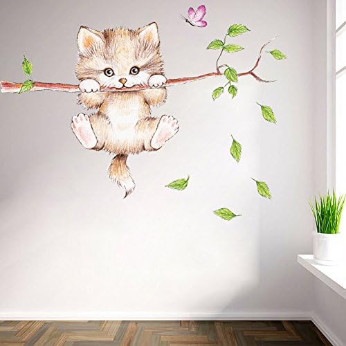 Woodland Arts Wland 28 инча (ите) x 22 инч (и) Карикатура Сладък Котка на клоните на Дърво Стикери за стени, Стикери за