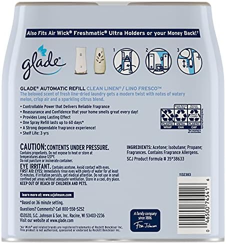 Glade Automatic Spray Зареждане, Освежители за въздух за дома и банята, Чисто Бельо, 6,2 унции, 2 Граф