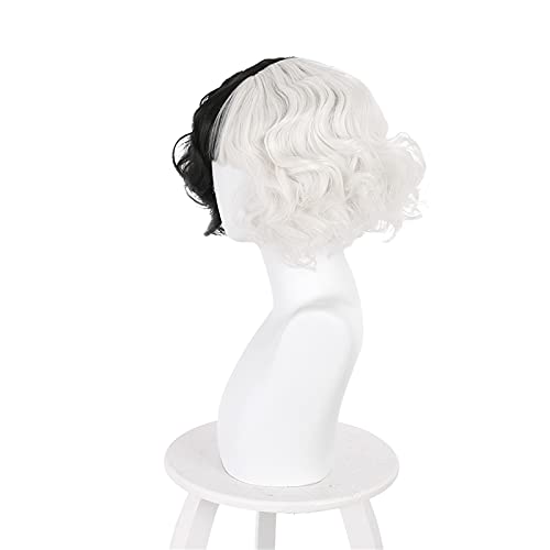 LINKOM Cosplay Перука Черно-бяла Къдрава Перука от изкуствена коса за Момичета Жените Хелоуин Карнавал Аксесоари (A)