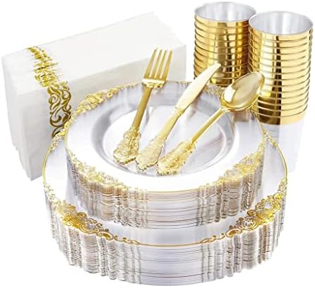 Съдове за готвене 60 бр Прибори прозрачен Златен Пластмасов поднос със Сребърни Бокалами Рожден Ден, Сватба парти Доставка