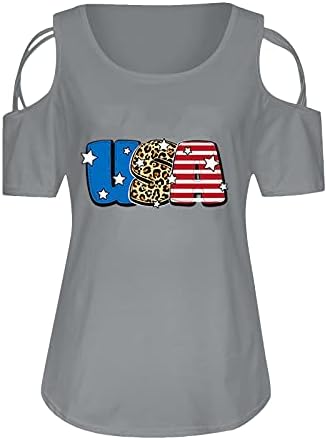 Maikouhai Independent Cold Shoulder for Womens, Summer Cutout Crew-Neck Shirt Strappy Sleeve with America Flag Print