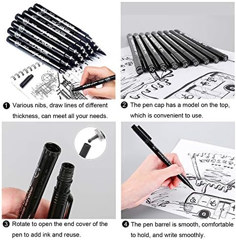 Precision Micro-Line Fineliner Drawing Pens Set, 8 Size Black Multiliner Archival ink Calligraphy Pens for Art Illustration,
