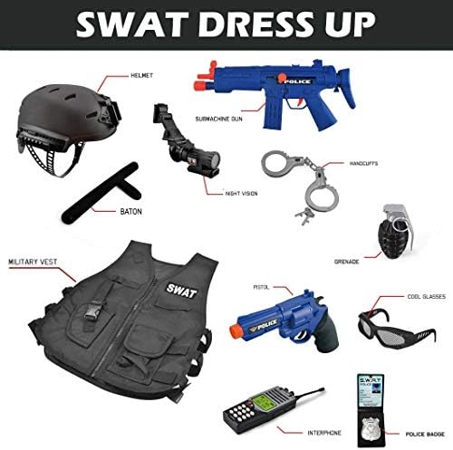 Детски костюм на полицай S. W. A. T. Deluxe Dress Up Role Play Set с Каска, Монокуляром за Нощно Виждане, Оръжия, Аксесоари