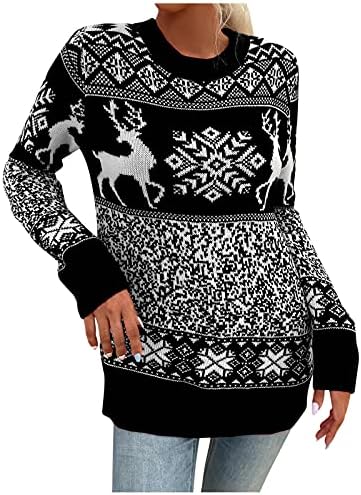 Грозни Пуловери за Жени Коледа С Дълъг Ръкав Естетичен Моден Вязаный Жилетка Скъпа Елен Снежинка Графичен Пуловер