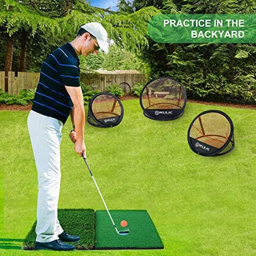 RELILAC 3 Piece Golf Chipping Net with Dual Turf Hitting Mat and 12 Foam Training Balls - Indoor/Outdoor Golf Target Accessories