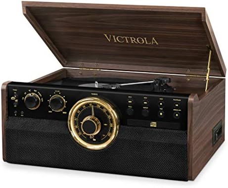 Victrola 6-in-1 Wood Bluetooth Mid Century Record Player 3-бързо завъртане на масата, CD, кассетным плейър и радио