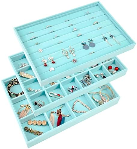 GISK Blue Set of 3 Velvet Jewelry Trays Organizer Set, Бижута Storage Display Trays for Ring Earring Drawer Bracelet Organizer(Blue)