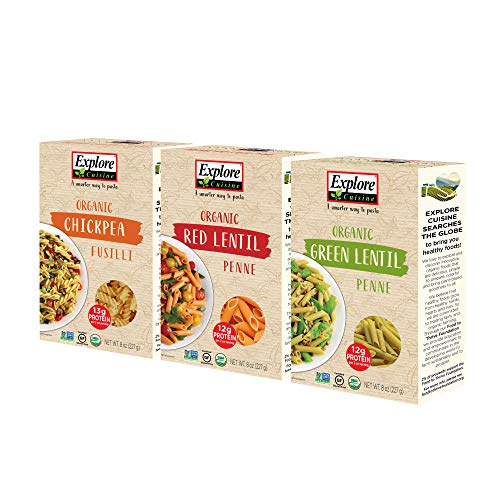 Разгледайте Cuisine Organic Pasta Variety Pack - Нахут Фузили, Зелена леща Пене, Червена леща пене - по 1 кутия, 8 унции