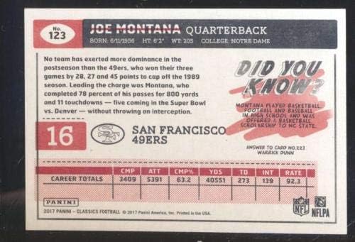 #123 Джо Монтана HOF - 2017 Панини Classics Red Back Football Cards (Star) със Степен Футболни топки с автограф