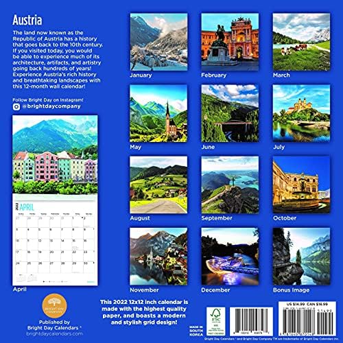 2022 Austria Wall Calendar by Day Bright, 12 x 12 См, European Destination Beautiful