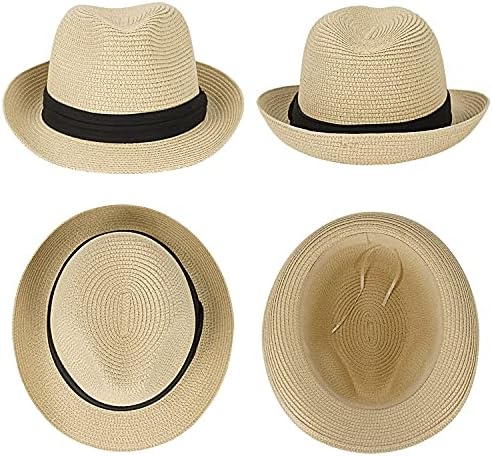 FADACHY Summer Straw Hat Fedora Short Brim Panama Sun Hat Trilby Beach Hat for Men & Women