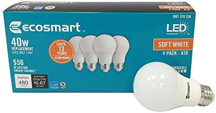 (4-Pack) EcoSmart LED A19 Dimmable 40W Смяна в мека, бяло (15 000 часа, 2700K, 5.6 W, Energy Star, E26)