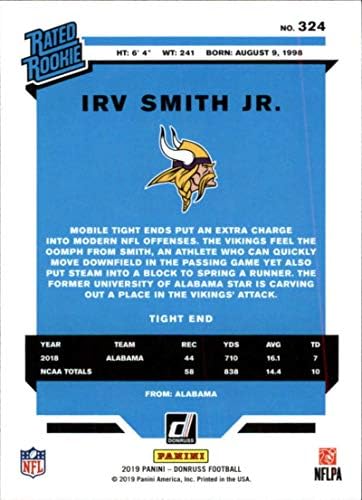 2019 Donruss 324 Irv Smith Jr. Minnesota Vikings RR (висока оценка Новобранец) Футбол NFL Card (RC - Новобранец Card)