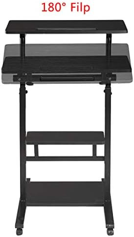 DOEWORKS Mobile Stand Up Desk, Регулируеми по височина Компютърна Работна Станция с Колела, Подвижен Presentation, Ролинг Desk Laptop Cart for Standing or Sitting, Portable Laptop Stand Tall Table, Black