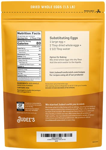 Judee's Whole Egg Powder 1.5 lb (24oz) - Без добавки, само с една съставка, pasteuriseret - Отлично за печене и готвене - без ГМО, без глутен и ядки-Отлично подходящ за къмпинг и подготовка на