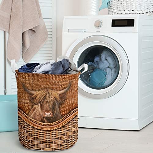 Highland Cow Rattan Texture Laundry Basket, Подарък за земеделски производител, Идея за Подарък за баба Хайленда, Сгъваема