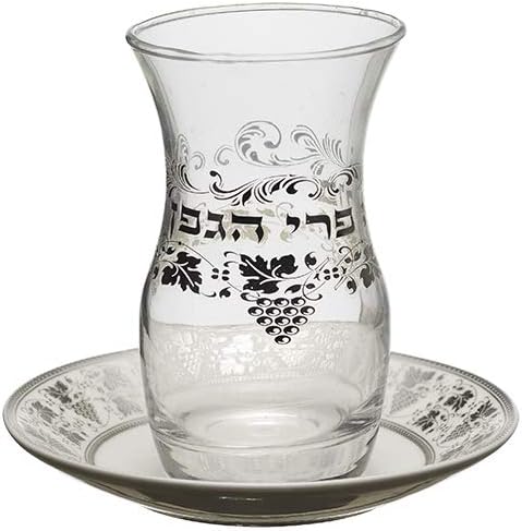 Нежна Стъклена чаша Кидуш Вино чаша с блюдцем за Шабат и празници (Гроздов дизайн)