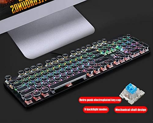 Ръчна клавиатурата на пишеща машина, Осветите нагоре по клавиатурата с дъга RGB Осветен Retro Steampunk Round Keycaps 104-Key Blue Switch(Spill-Resistant)