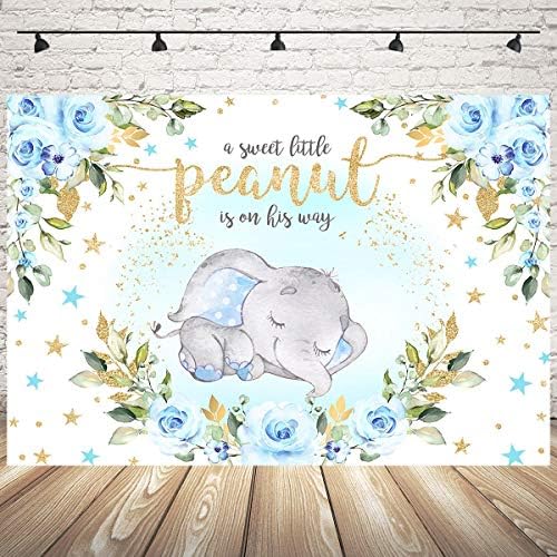 Mocsicka Baby Boy Elephant Baby Shower Blue Background Floral Sweet Little Peanut is on His Way Photo Backgrounds Сладко