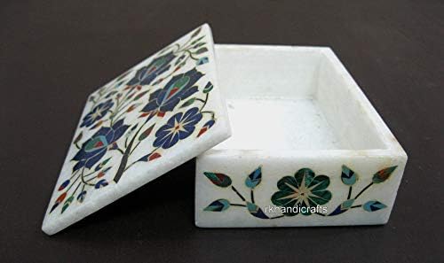 Бялата Мраморна Ковчег За Бижута Trinket Box Marquetry Art с Полускъпоценни Камъни ръчна изработка от Индия