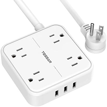 Плосък Вилица Power Strip с 3 USB Порта, TESSAN 4 Outlet Extension Cord Wall Mount Charging Station 5 ft Cord, Small Size