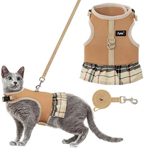 PUPTECK Cat Harness Dress and Leash - Escape Proof Adjustable Cat Vest Harness, Мека и Дишаща за Разходки на открито,