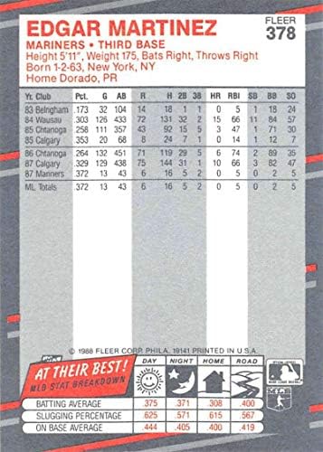 1988 Fleer #378 Едгар Мартинес RC Новобранец Baseball Trading Card Mariners