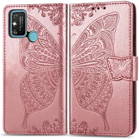 Калъф за мобилен телефон Отличен за Huawei Honor 9A Butterfly Love Flower перлено бял Хоризонтален Флип Кожен Калъф с група/Слот за карта/Чантата/талрепом(черен) (Цвят : Rose gold)