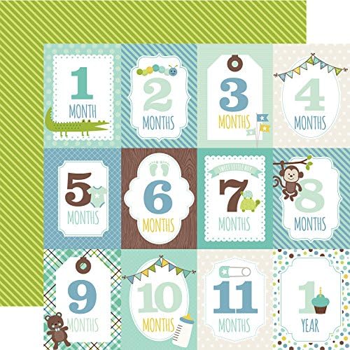 Echo Park Paper Company Month Cards/Green & Yellow Stripes Sweet Baby Boy Двустранен Картон 12X12, Няма