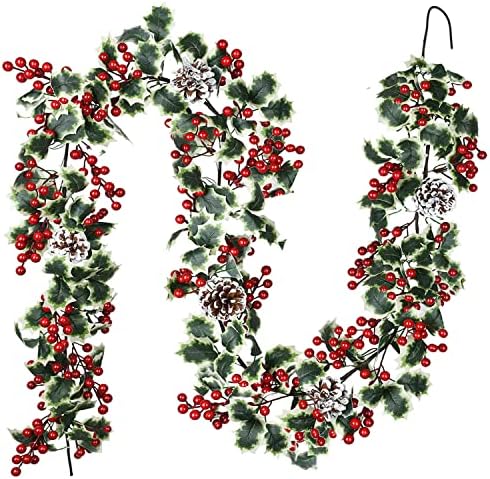 Lvydec Червена Плодове Венец Коледна Украса, 6 фута Изкуствена Плодове Венец с Шишками и Лист Падуба за Празнична Камината