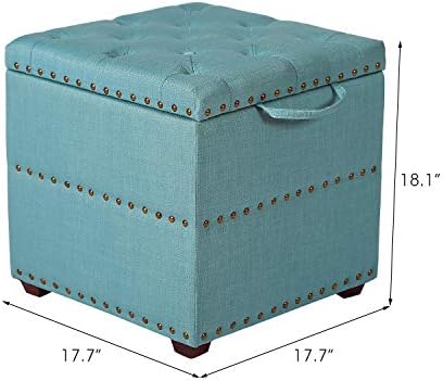Тъканта, табуретка Adeco с шкаф за съхранение и поставка за краката - Квадратна седалка (синьо-2)