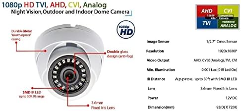 Evertech HD 1080P Hybrid AHD/TVI/CVI/Analog Indoor/Outdoor Dome Security Camera with 50 feet premade Кабел, ВИДЕОНАБЛЮДЕНИЕ
