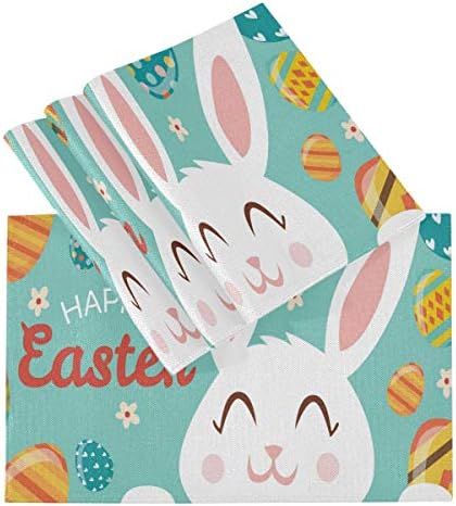 Wamika Сладък Заек Бъни Flowers Placemats Set of 1 Happy Easter Eggs Table Mats Burlap Placemat Washable Non-Slip Heat Resistant Place Mats for Party Kitchen, Dining Decorations 12x18 Инча