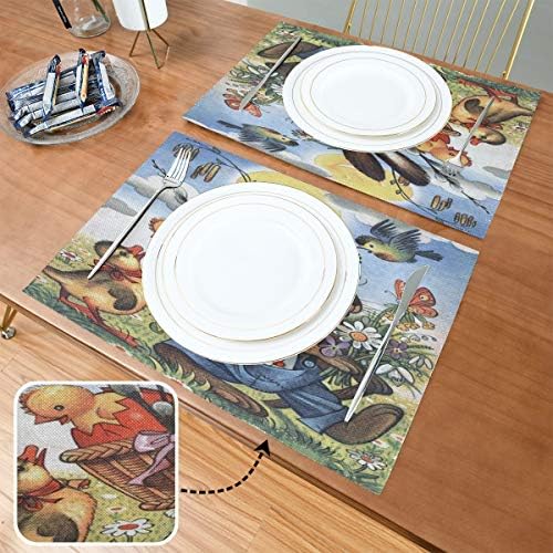 Wamika Vintage Flowers Easter Bunny Placemats Set of 1 Сладурско Chick Duck Bird Table Mats Burlap Placemat Washable Non-Slip