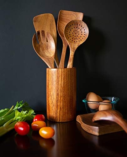 Дървен комплект кухненски прибори с Титуляра, натурален шпатула ръчно изработени от тиково дърво, лъжици, вилица и дървен
