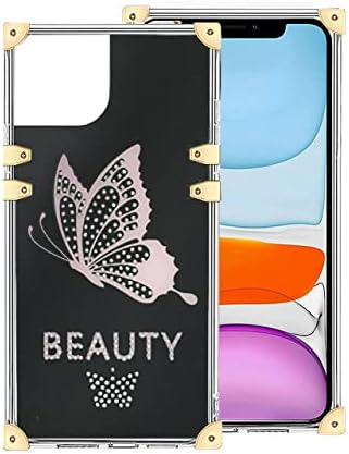 iPhone 13 Pro Max (6.7) Luxury Diamond Bling Square Makeup Mirror Светлоотразителни Butterfly Design Case (Огледало/Черен)