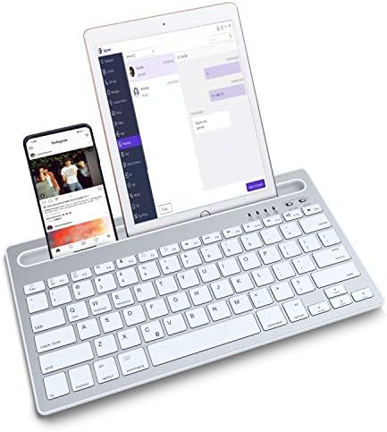 Безжична Bluetooth клавиатура, Преносима Клавиатура с няколко устройства с USB батерия и Вграден Държач телефон, Безжична