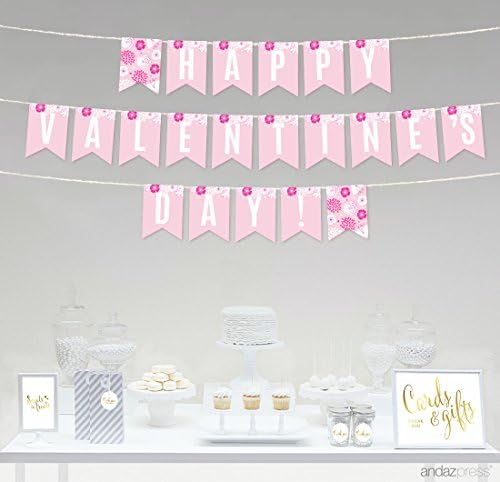 Andaz Press Pink Floral Flowers Valentine 's Day Hanging Pennant Party Banner with String, Happy Valentine' s Day!, 1