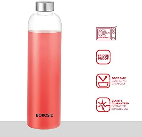Borosil Crysto Боросиликатная стъклена бутилка за вода, Капак от Неръждаема Стомана, Тясна уста, 1л - за хладилника и
