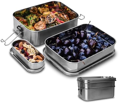 Afranti Stainless Steel 3-in-1 Bento Box with Snack Pod, 66oz Lunch Container for Kids & Adults Lunch Box for Sandwich