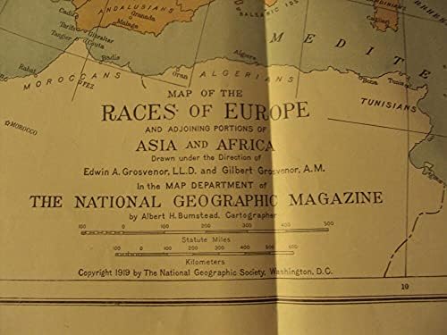 Vintage National Geographic channel Insert Map of Races of Europe,Африка, Азия 1919